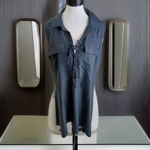 Beige By ECI Dress Size XL Blue Sleeveless Pockets Hi Low Hem Lace Front NEW